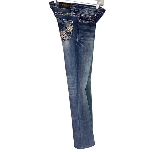 Shyanne Straight Jeans 26 Blue Low Rise Stretch Rhinestone Embroidery Hemmed - Picture 3 of 9